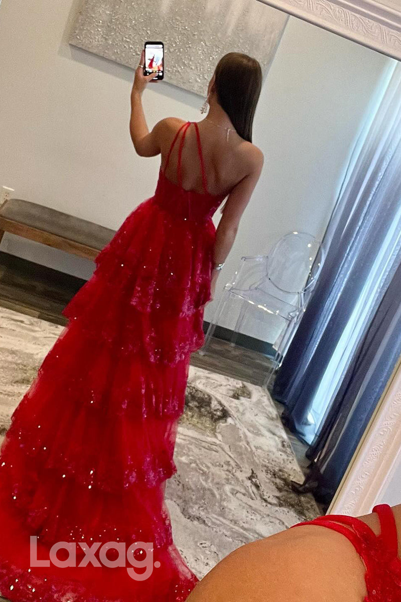 22052 - One Shoulder Lace Appliques A Line Long Formal Prom Dress with Slit