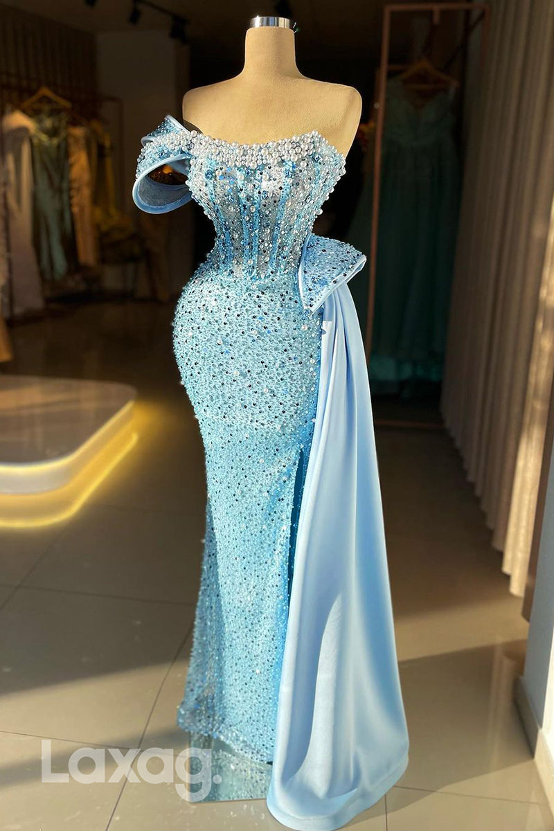 21864 -Strapless Luxury Pearls Mermaid Sparkly Prom Party Dress