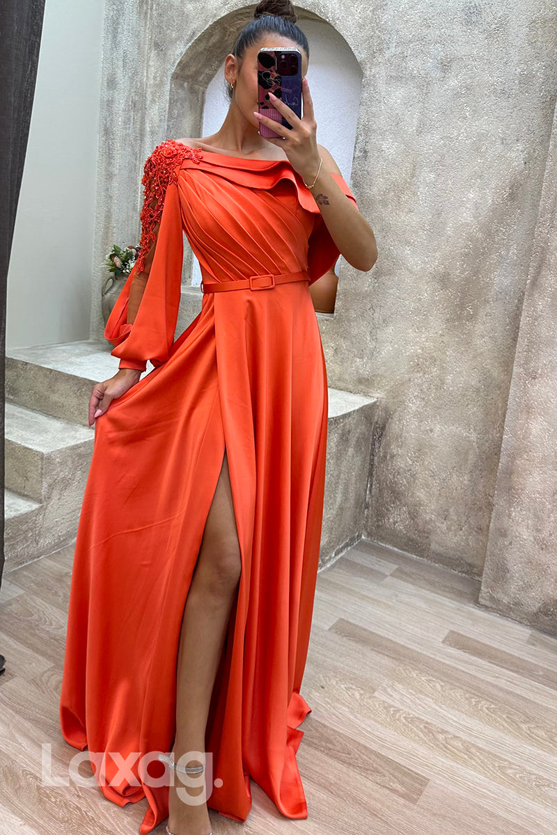 22077 - A Line Scoop Appliques Ruched Long Formal Prom Dress with Slit