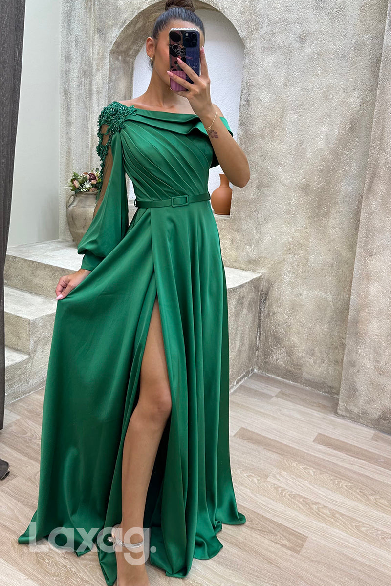 22077 - A Line Scoop Appliques Ruched Long Formal Prom Dress with Slit