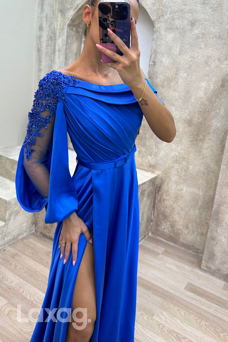 22077 - A Line Scoop Appliques Ruched Long Formal Prom Dress with Slit