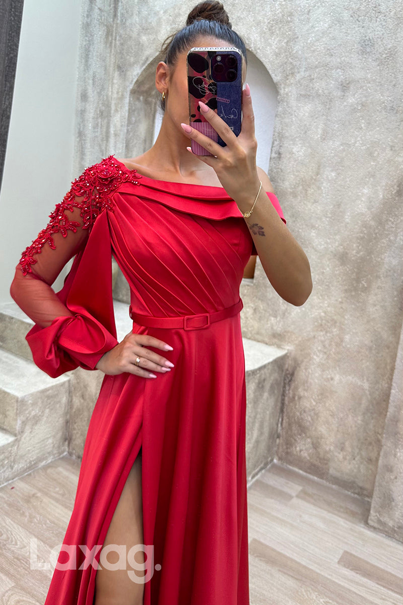 22077 - A Line Scoop Appliques Ruched Long Formal Prom Dress with Slit