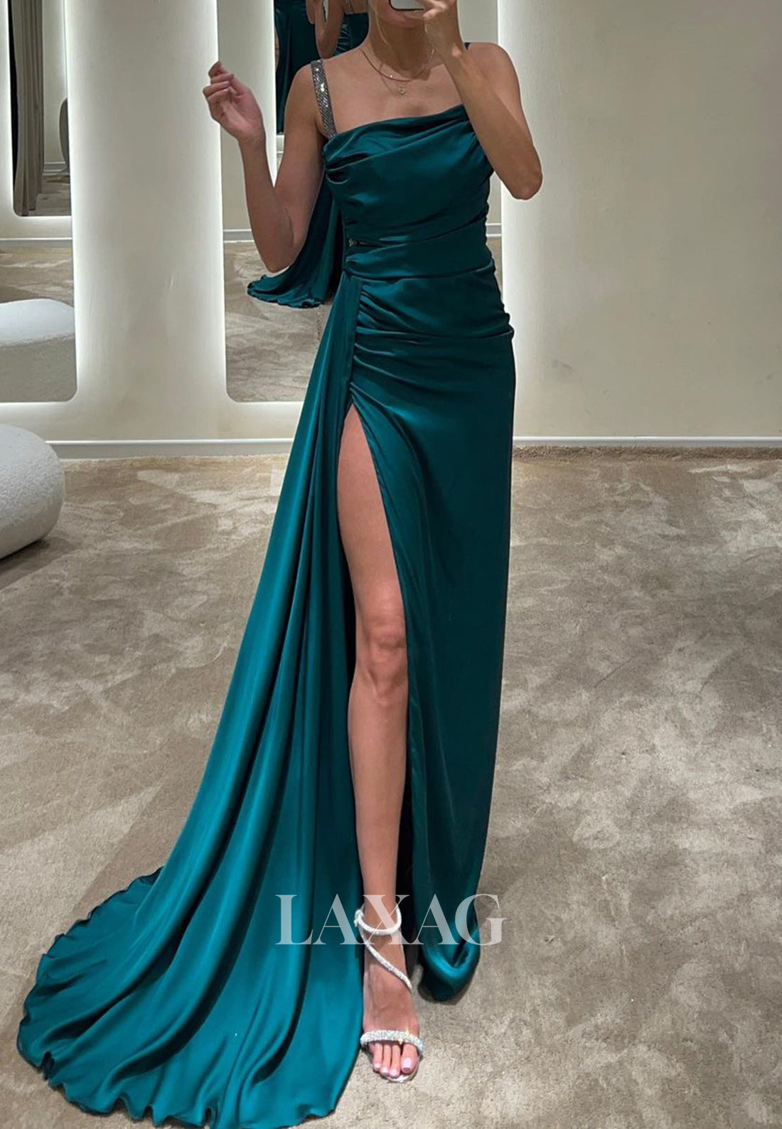 Asymmetrical-Neck Spaghetti Straps Formal Gowns Sleeveless Beaded Pleated Satin Prom Dress