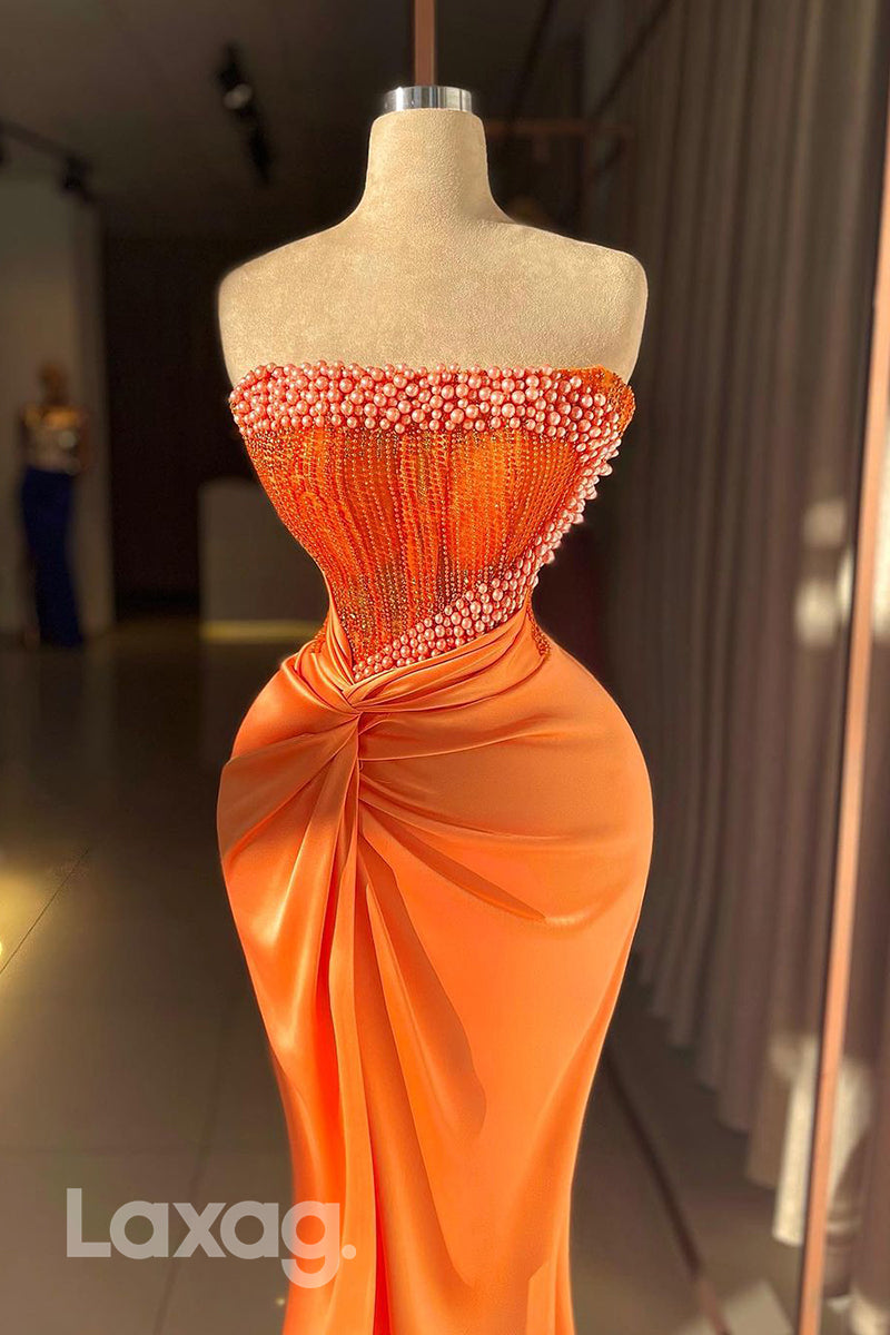 18778 - Mermaid/Trumpet Strapless Luxury Beads Long Semi Formal Prom Dress with Slit