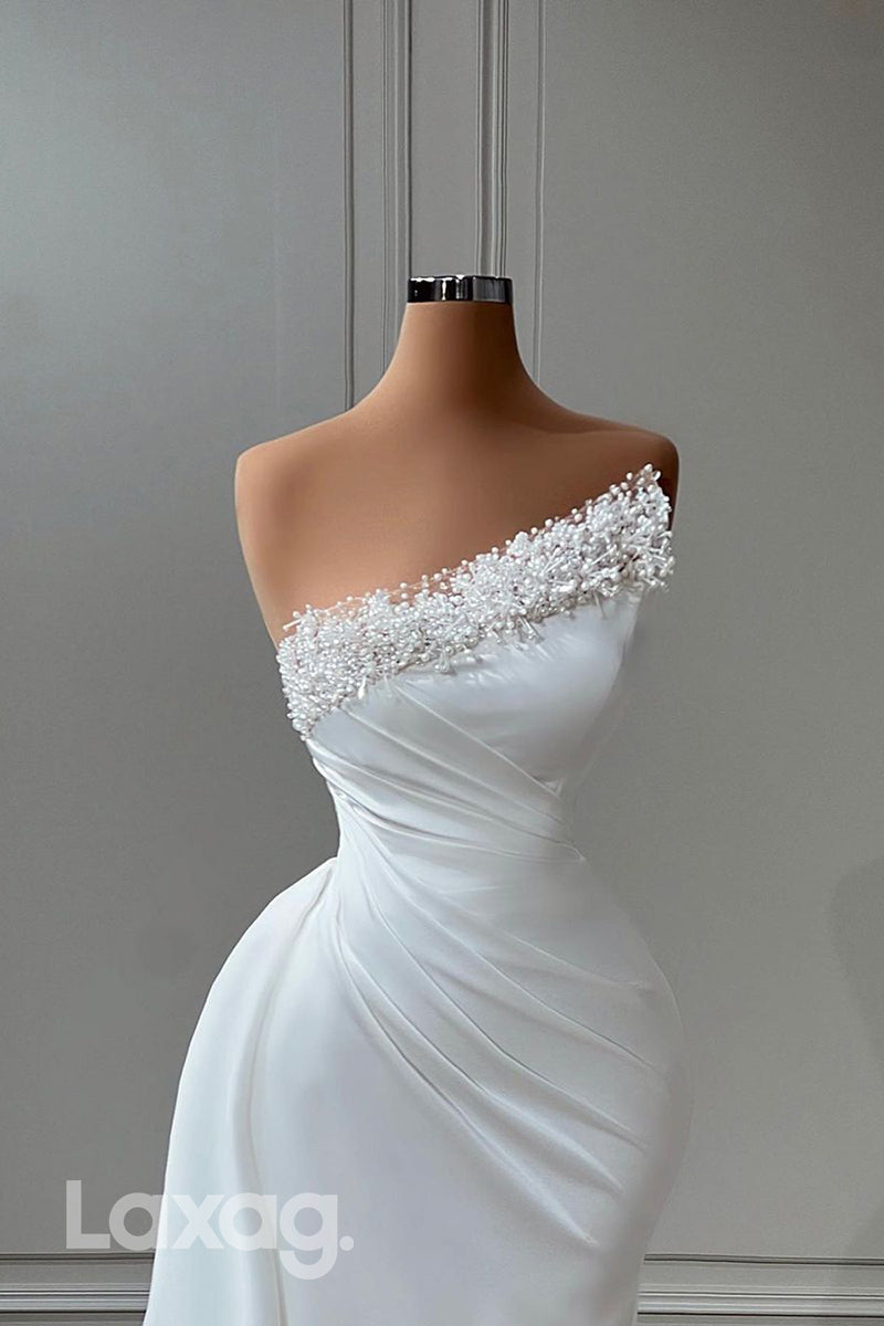 21998 - Unique One Shoulder Pearls Ruched Mermaid Long Formal Prom Dress