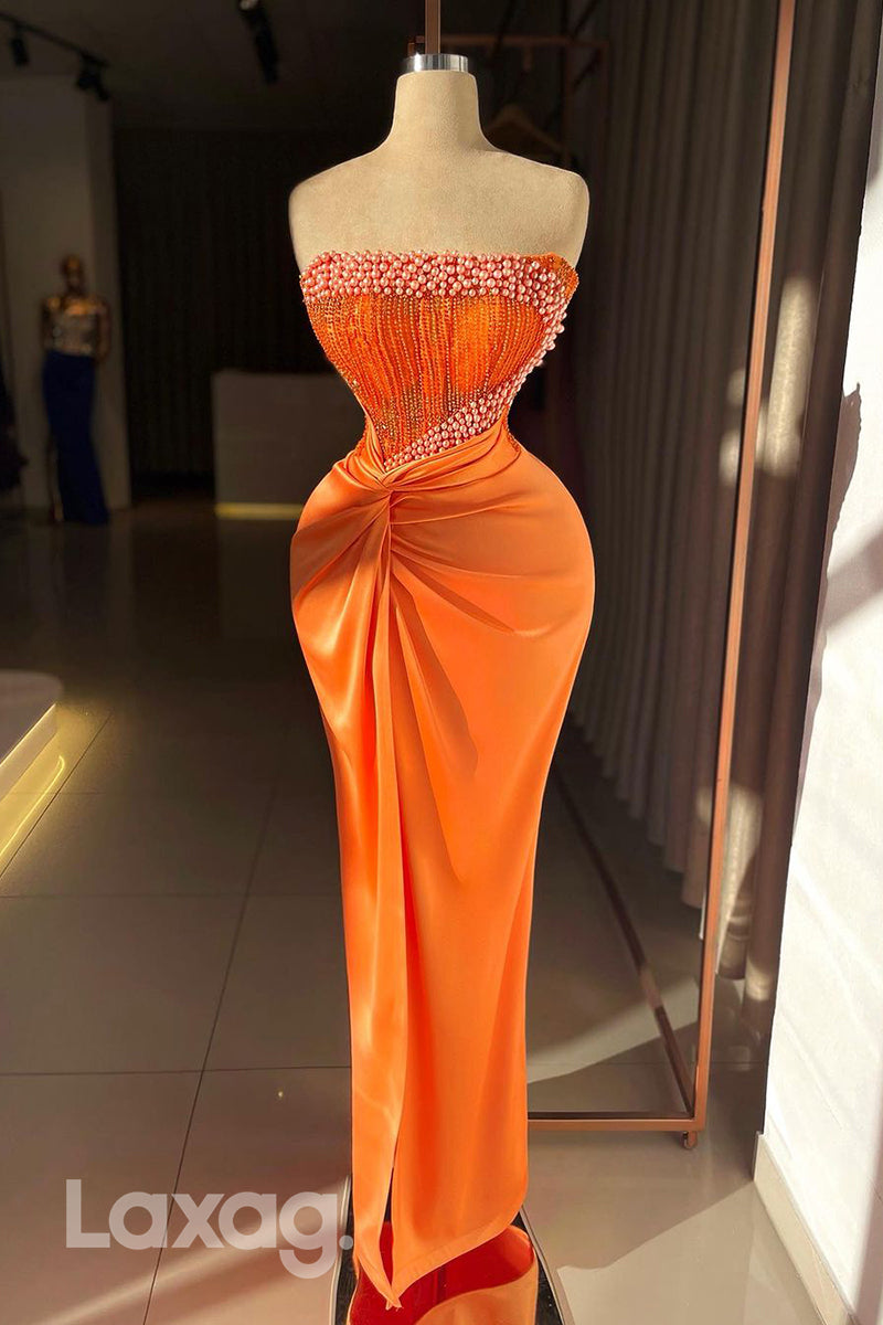 18778 - Mermaid/Trumpet Strapless Luxury Beads Long Semi Formal Prom Dress with Slit