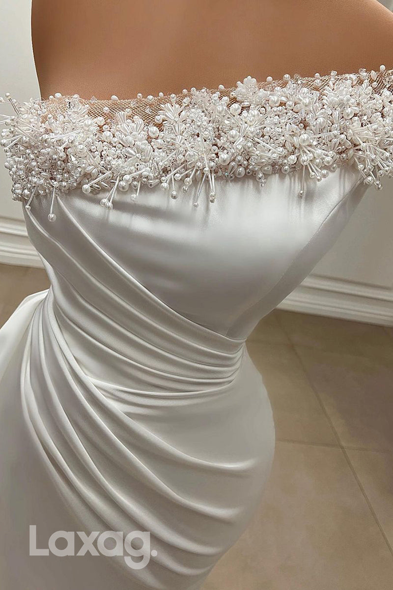 21998 - Unique One Shoulder Pearls Ruched Mermaid Long Formal Prom Dress