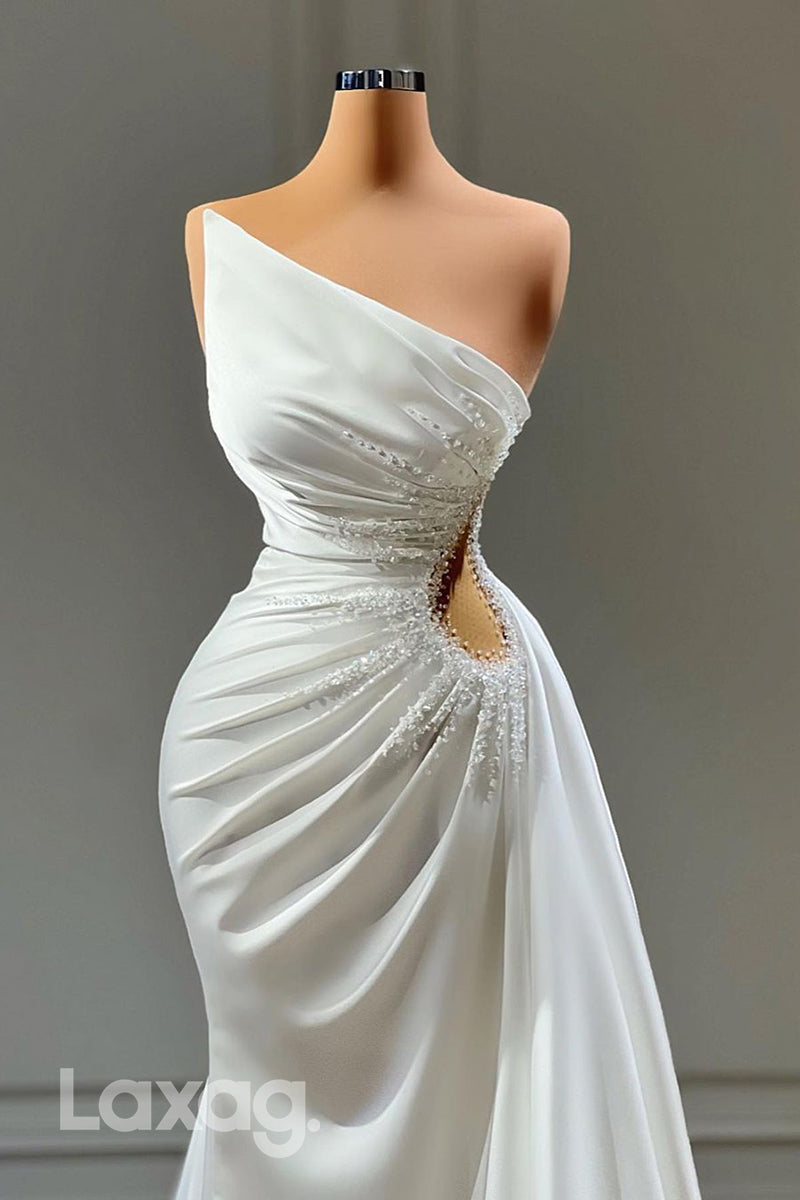 21995 - Strapless Satin Ruched Beads Mermaid Long Formal Prom Dress with Slit