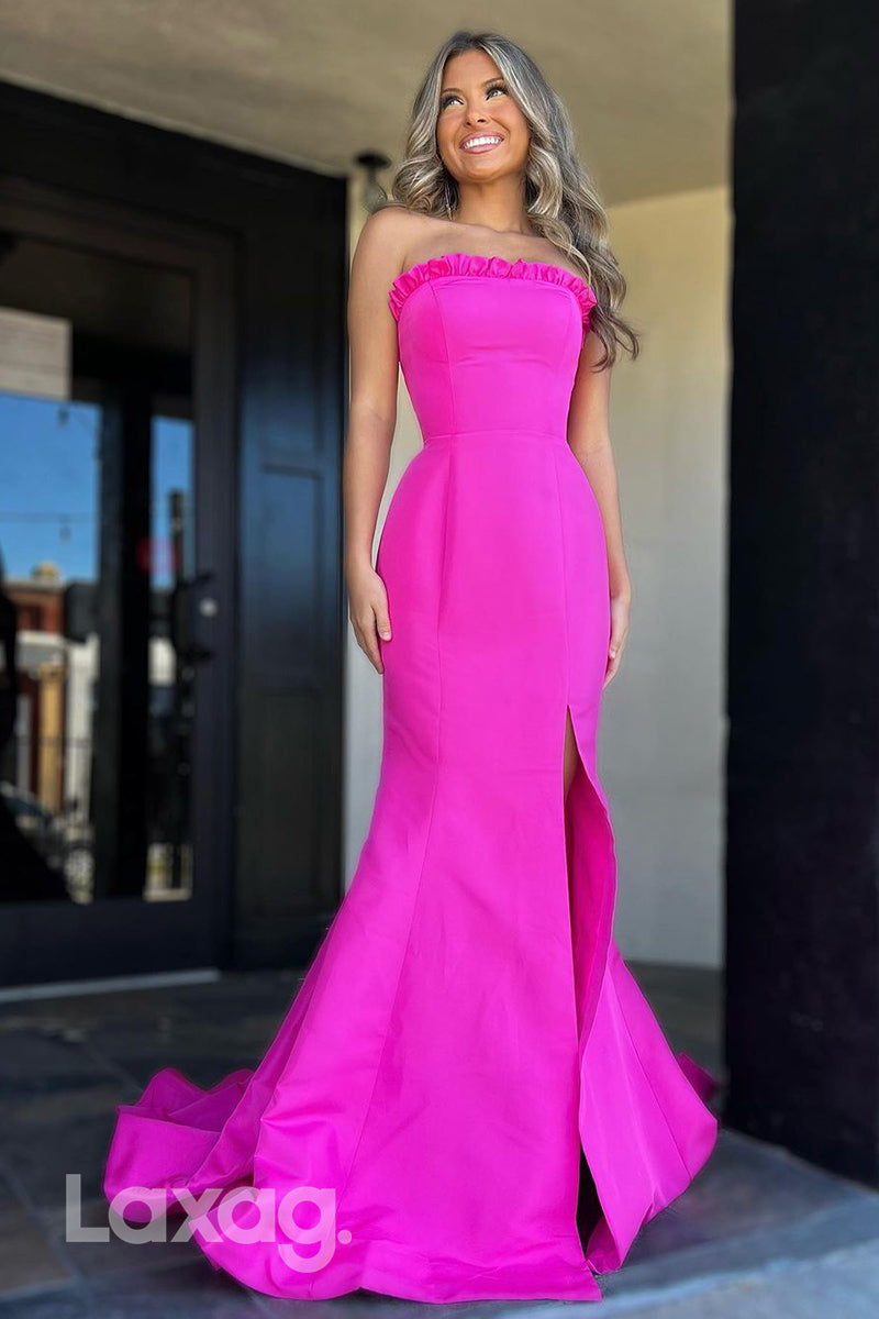 18767 - Sheath/Column Strapless Pink Long Formal Prom Dress with Slit
