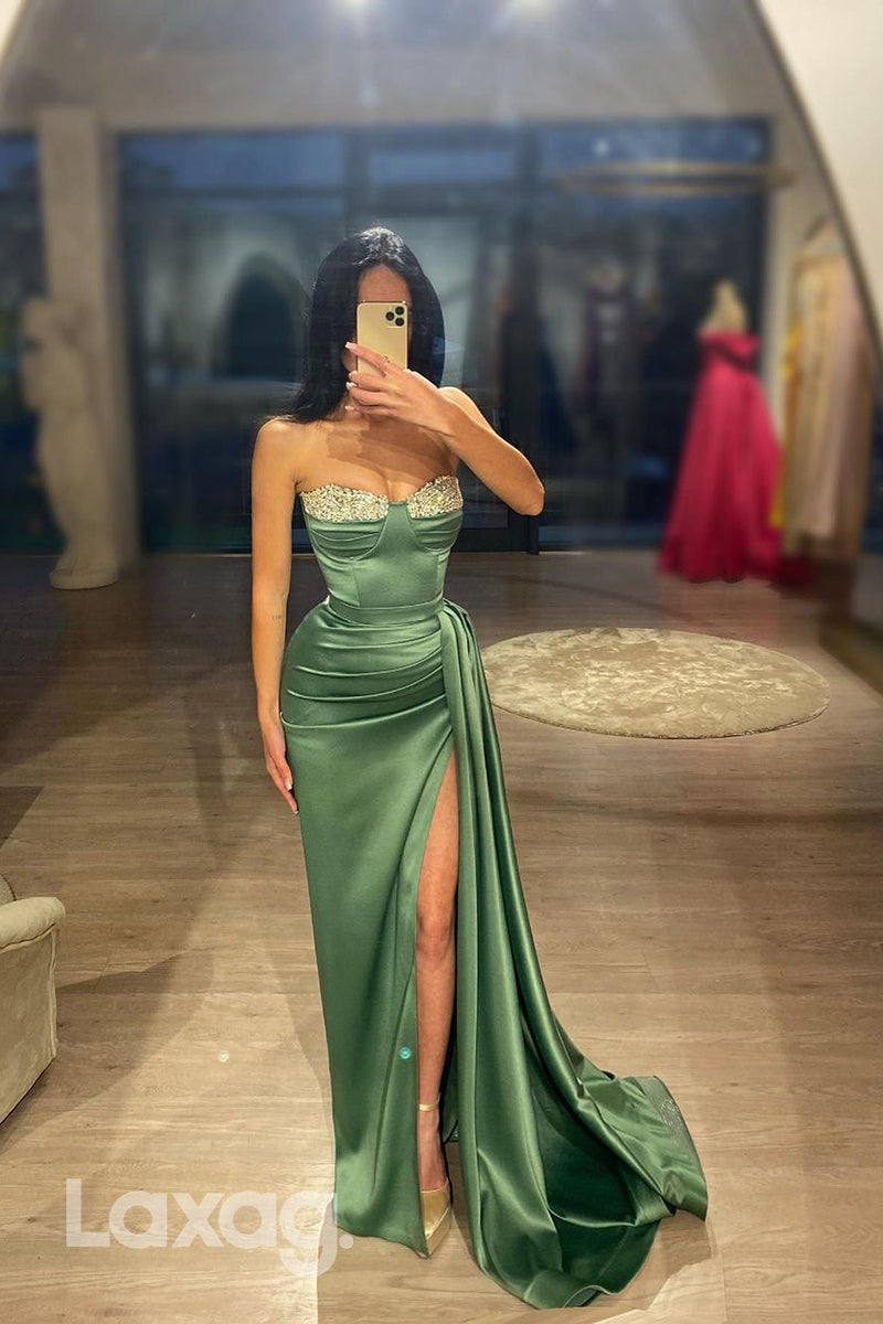 16802 - Sheath/Column Sweetheart Ruched Long Semi Formal Prom Dress with Slit