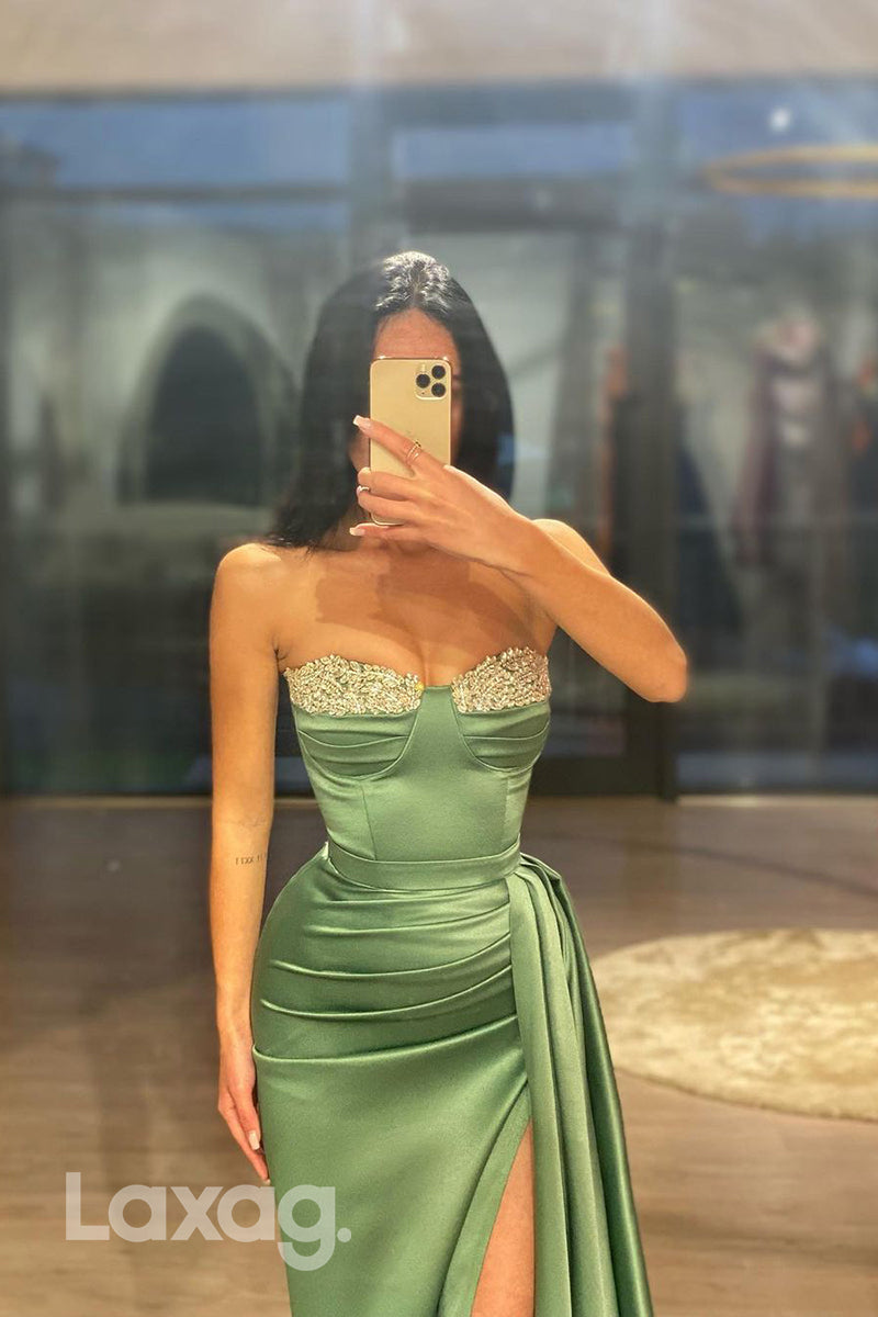 16802 - Sheath/Column Sweetheart Ruched Long Semi Formal Prom Dress with Slit
