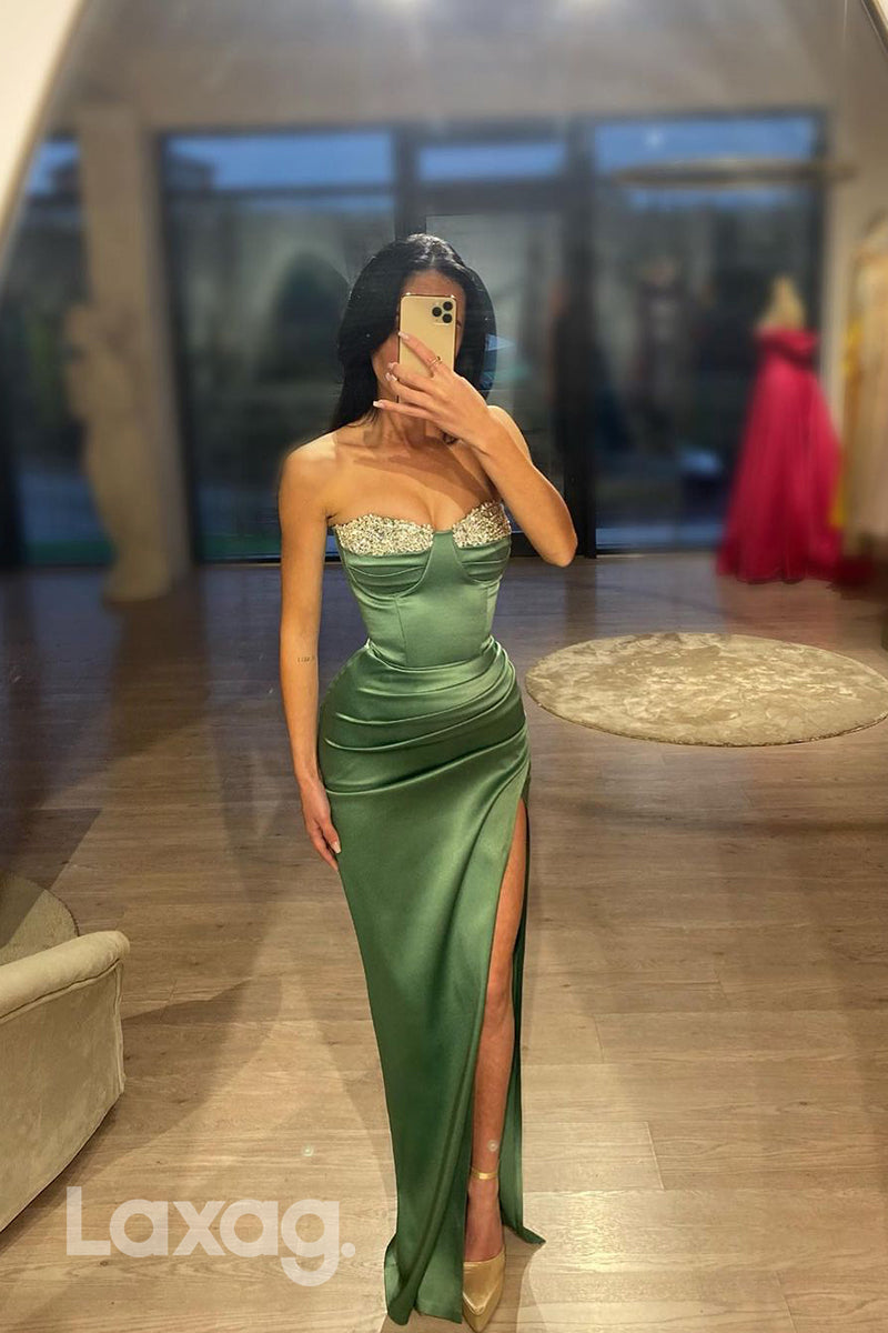 16802 - Sheath/Column Sweetheart Ruched Long Semi Formal Prom Dress with Slit
