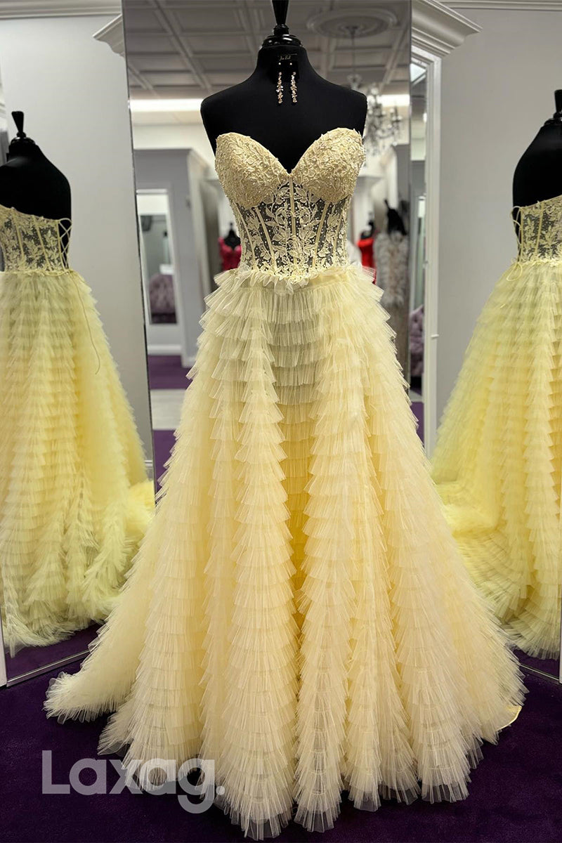 22010 - A line Sweetheart Lace Appliques Long Semi Formal Prom Dress with Slit
