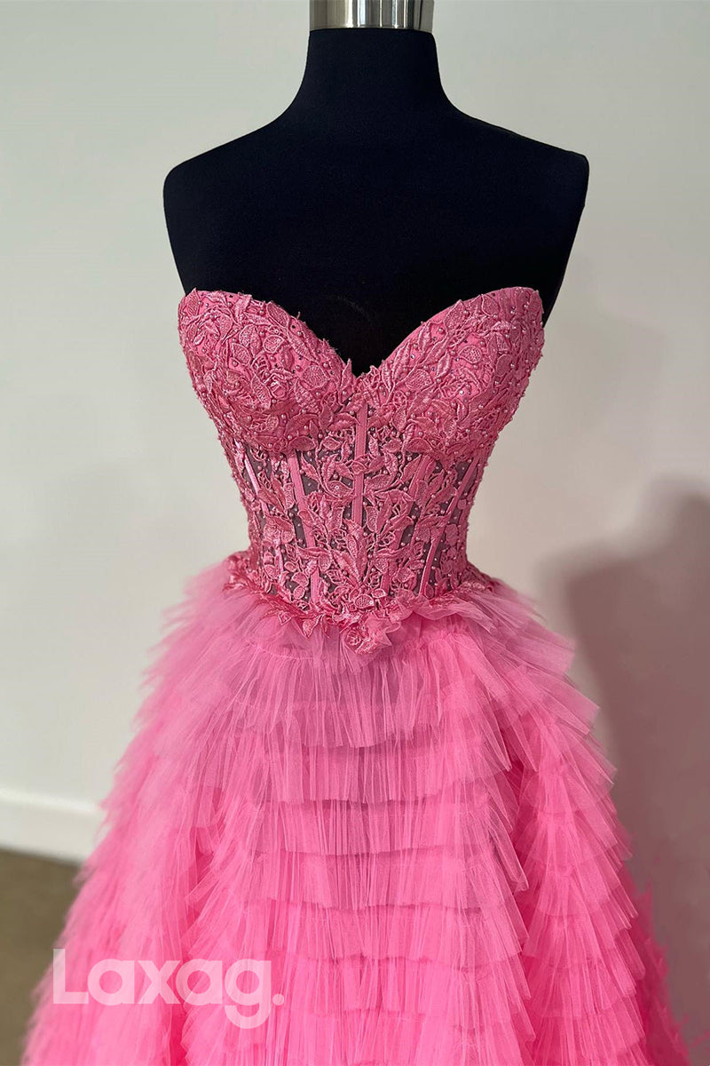 22010 - A line Sweetheart Lace Appliques Long Semi Formal Prom Dress with Slit