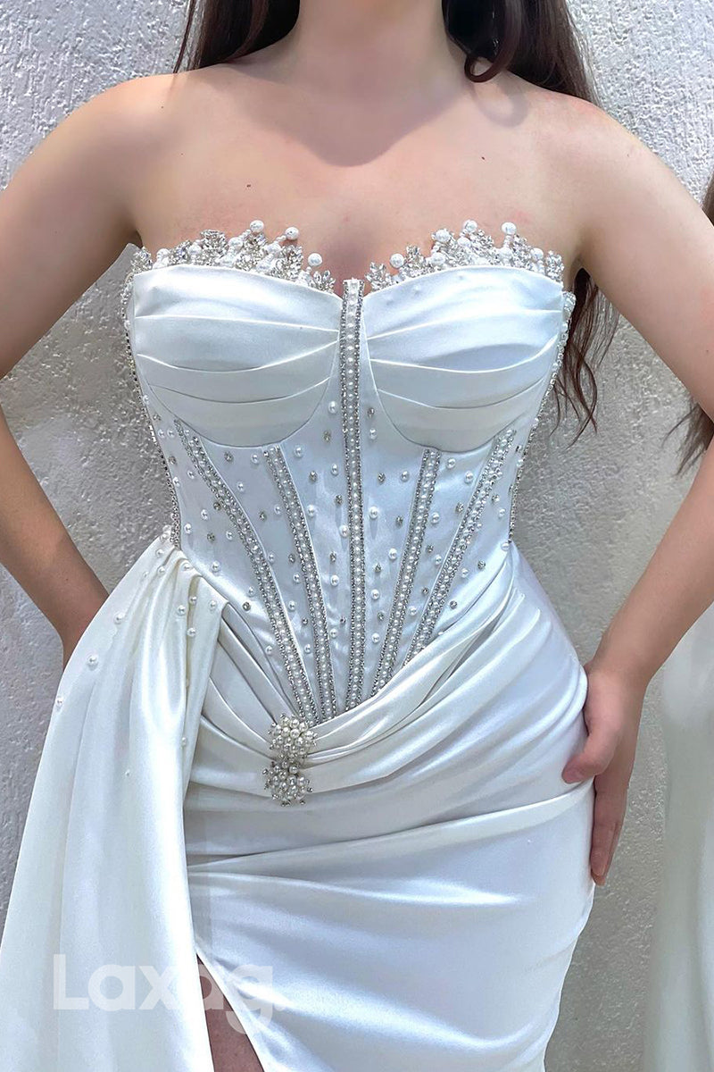 22055 - Sweetheart Beads Satin Ruched Mermaid Long Formal Prom Dress with Slit