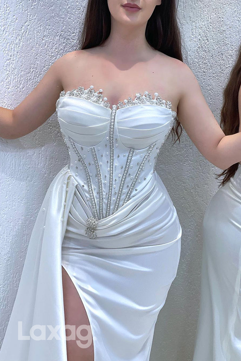 22055 - Sweetheart Beads Satin Ruched Mermaid Long Formal Prom Dress with Slit