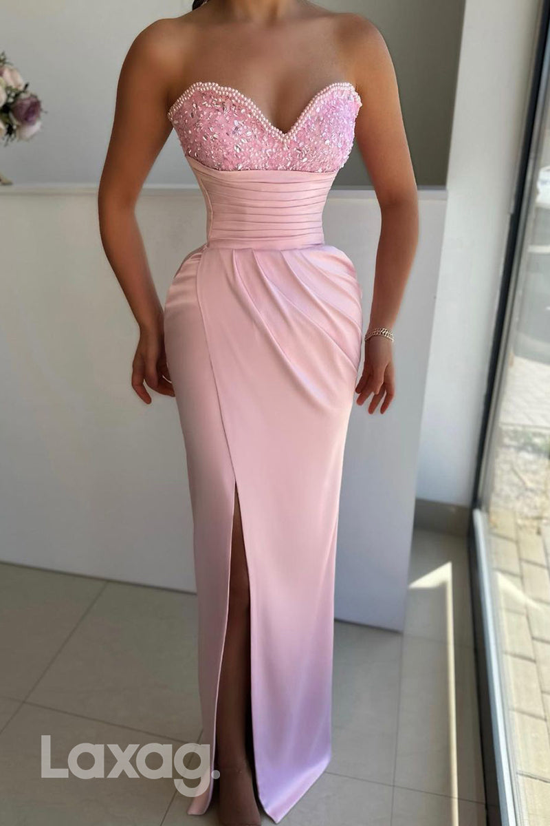 18720 - Sheath/Column V neck Ruched Long Semi Formal Prom Dress with Slit