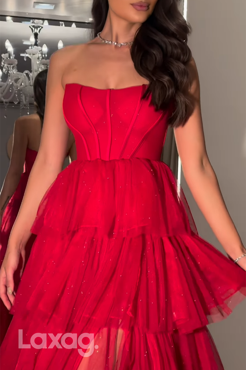 21938 - A Line Strapless Tiered Red Long Prom Formal Dress with Slit