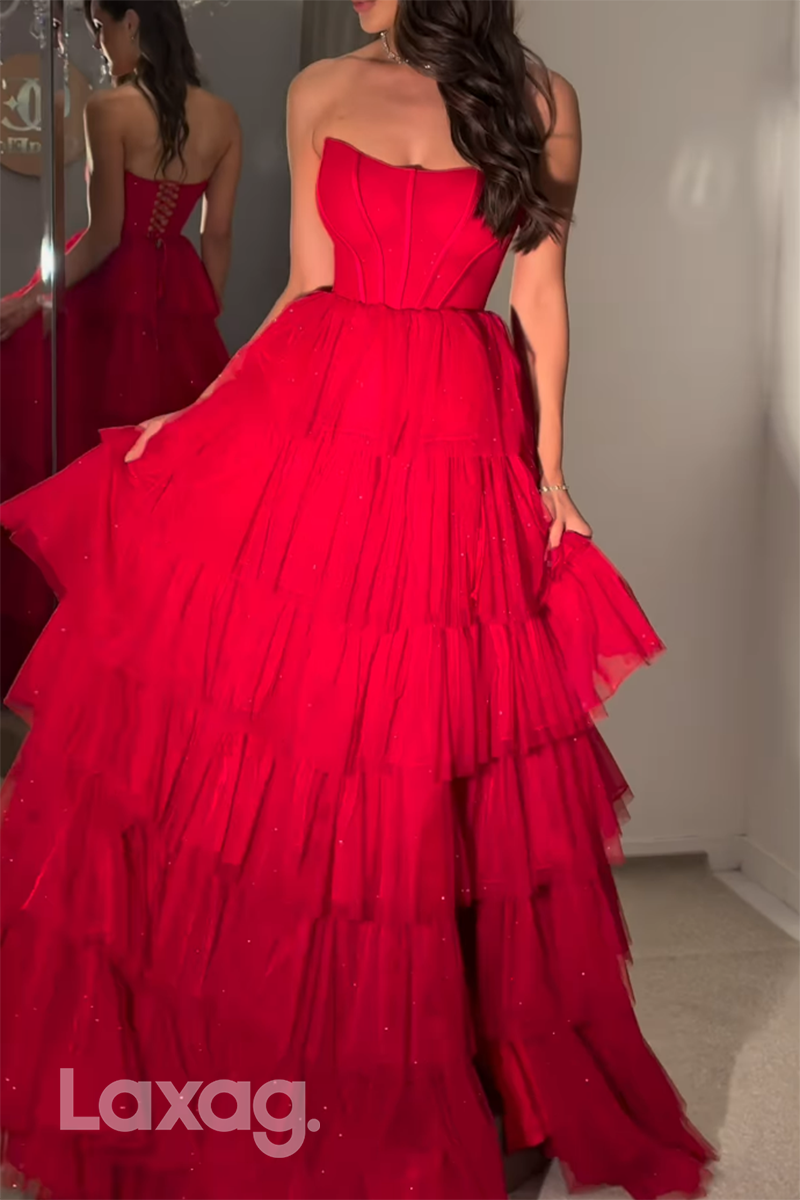 21938 - A Line Strapless Tiered Red Long Prom Formal Dress with Slit
