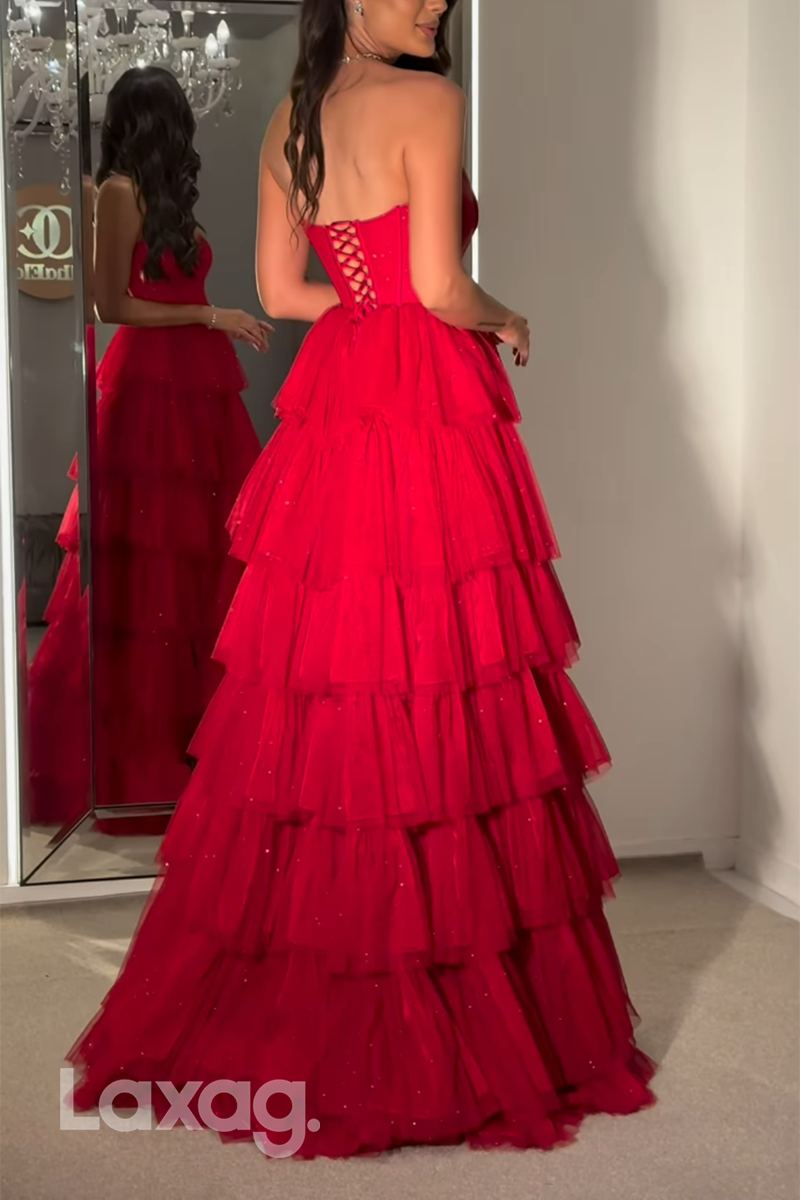 21938 - A Line Strapless Tiered Red Long Prom Formal Dress with Slit