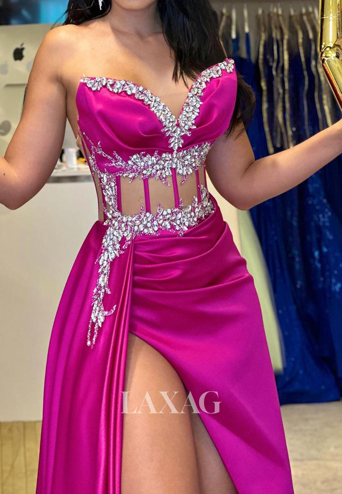 Sweetheart Sleeveless Off-Shoulder Beaded Ruched Mermaid Long Prom Party Dress with High Slit
