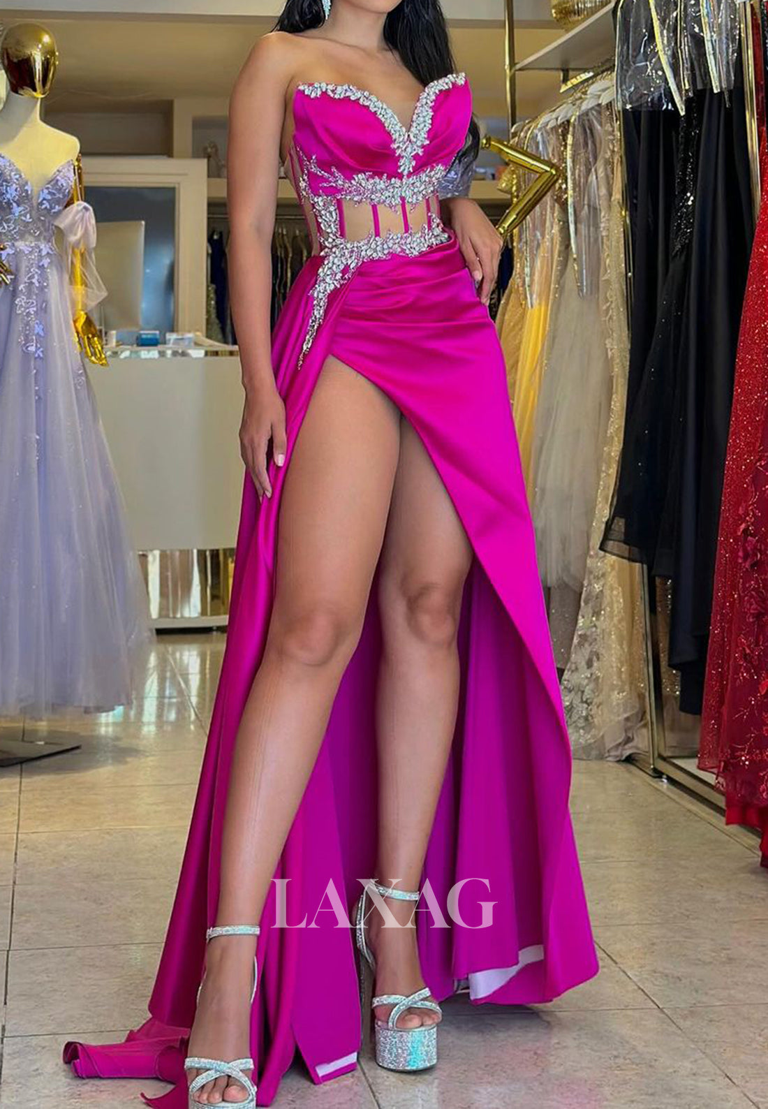 Sweetheart Sleeveless Off-Shoulder Beaded Ruched Mermaid Long Prom Party Dress with High Slit