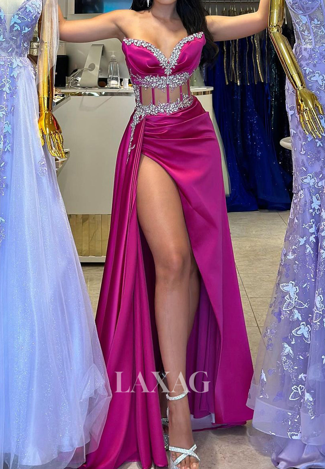 Sweetheart Sleeveless Off-Shoulder Beaded Ruched Mermaid Long Prom Party Dress with High Slit