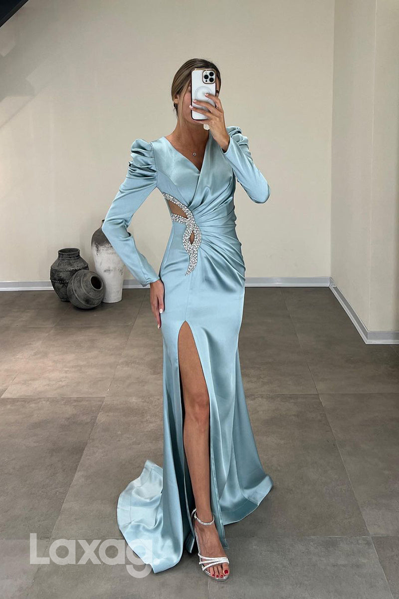 22048 - Sexy V neck Beads Ruched Long Sleeves Formal Evening Dress with Slit