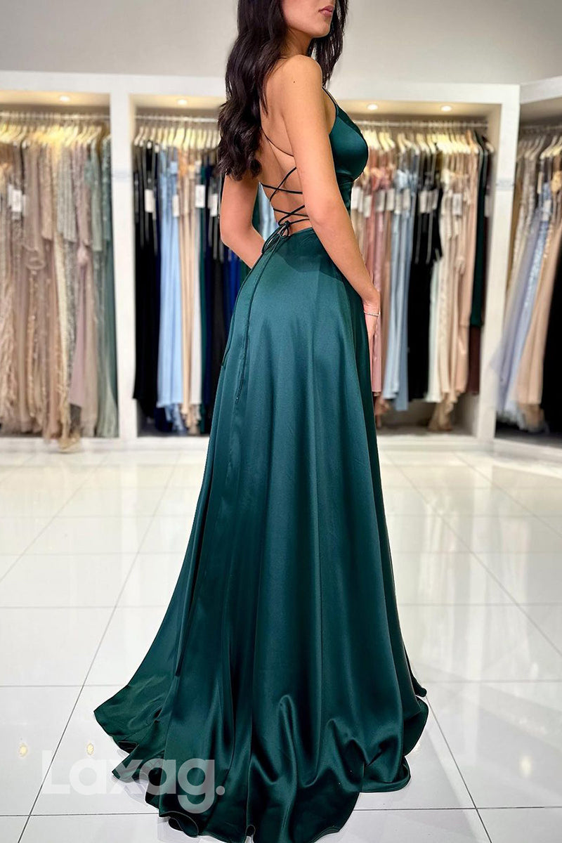 21978 - A Line V neck Side Slit Simple Elegant Prom Formal Dress with Pockets
