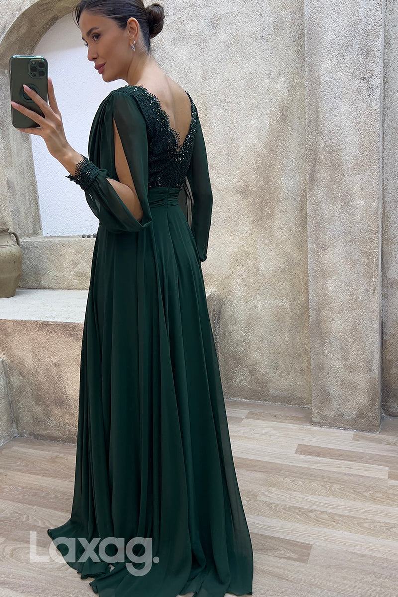 22075 - Illusion V neck Lace Appliques A Line Long Sleeves Formal Evening Dress