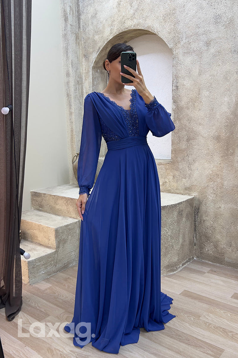 22075 - Illusion V neck Lace Appliques A Line Long Sleeves Formal Evening Dress