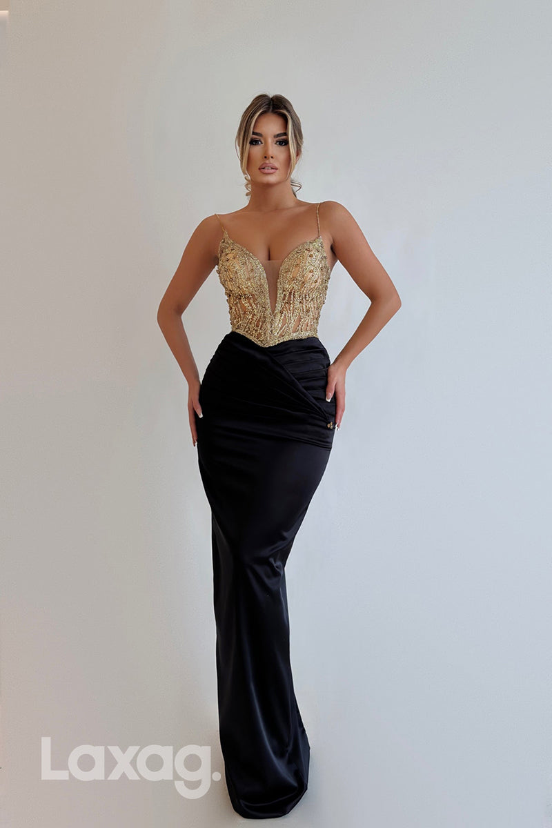 22041 - Plunging V neck Ruched Mermaid Long Formal Prom Dress