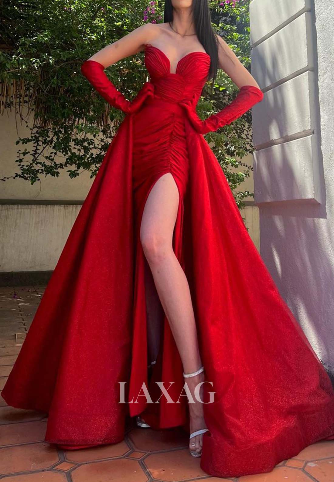 Sweetheart Off-Shoulder Sleeveless Pleated Mermaid Long Formal Prom Dress with Long-Gloves