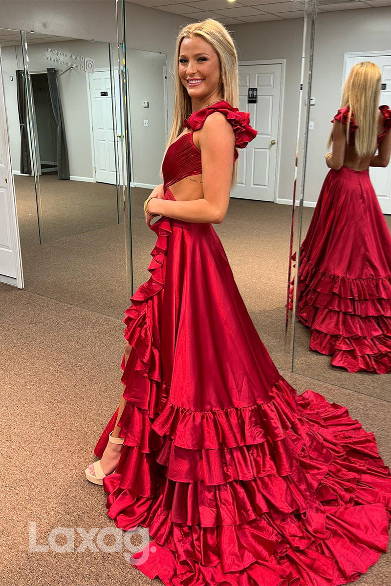 22015 - A Line V neck Ruched Long Semi Formal Prom Dress with Slit