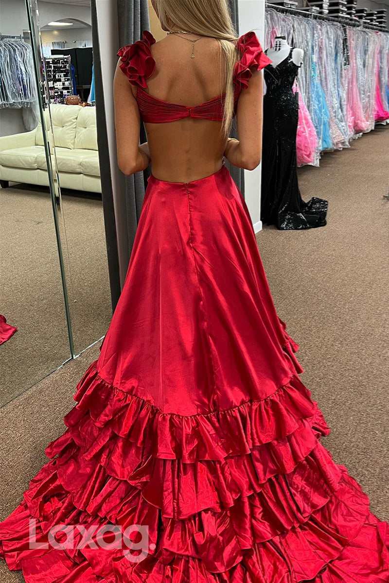 22015 - A Line V neck Ruched Long Semi Formal Prom Dress with Slit