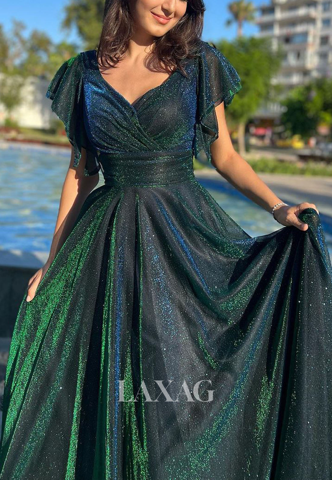 A-Line V-Neck Cap-Sleeves Formal Dress Glitter-Knit Pleated Tulle Prom Dress