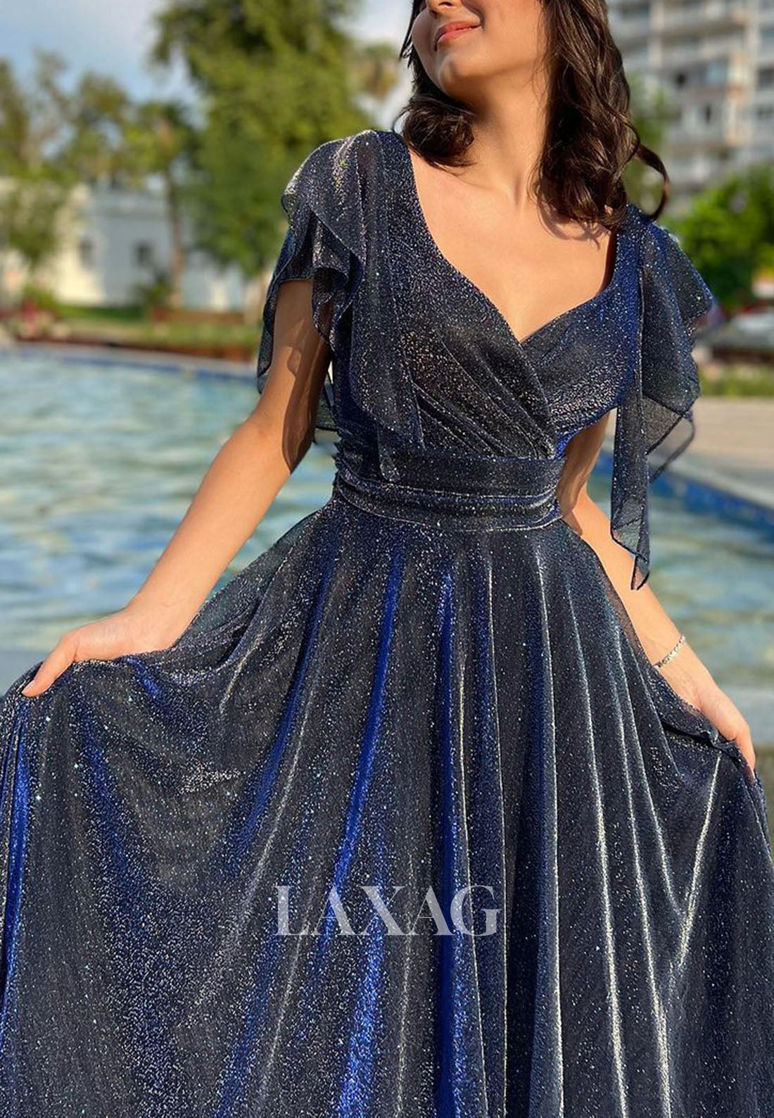 A-Line V-Neck Cap-Sleeves Formal Dress Glitter-Knit Pleated Tulle Prom Dress