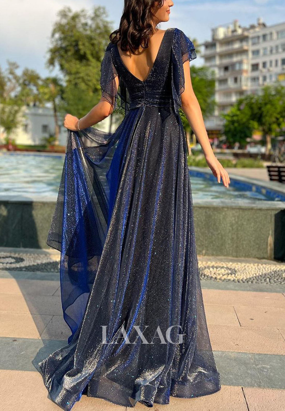 A-Line V-Neck Cap-Sleeves Formal Dress Glitter-Knit Pleated Tulle Prom Dress