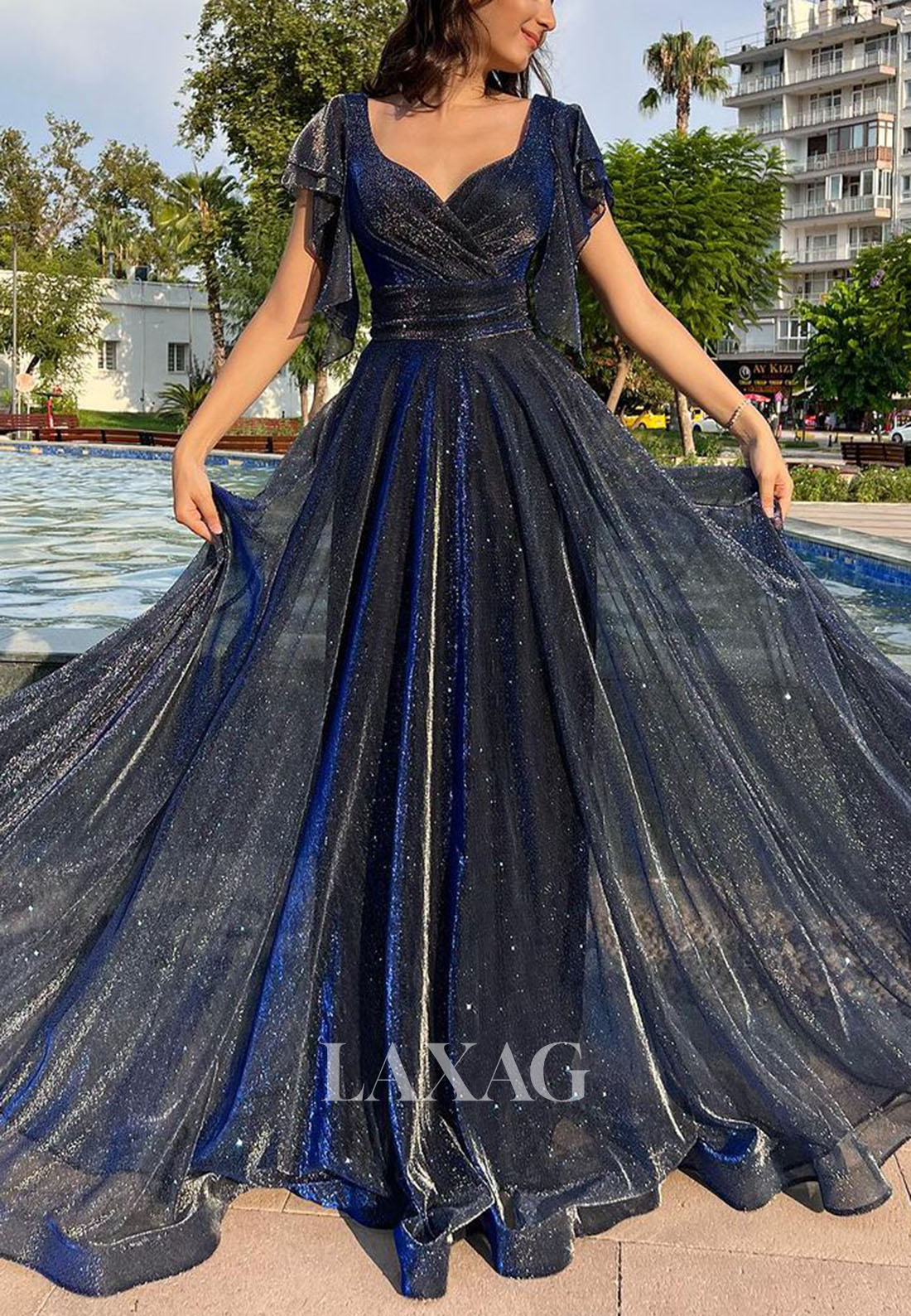 A-Line V-Neck Cap-Sleeves Formal Dress Glitter-Knit Pleated Tulle Prom Dress