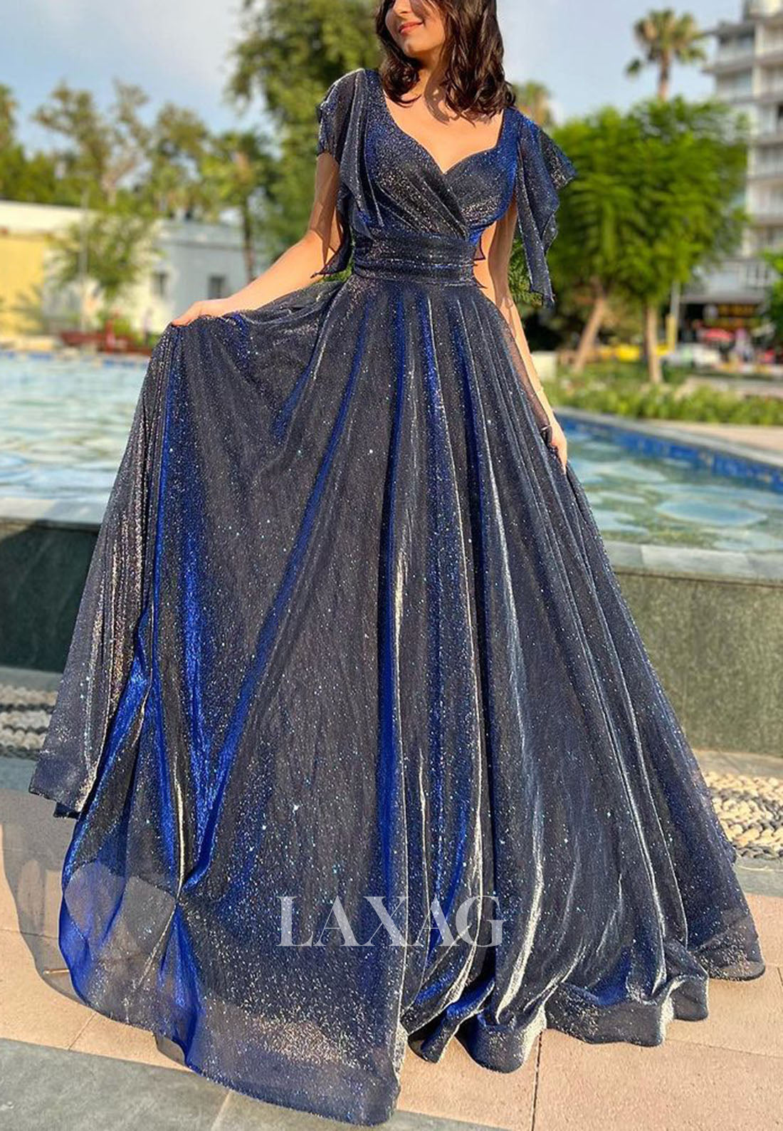 A-Line V-Neck Cap-Sleeves Formal Dress Glitter-Knit Pleated Tulle Prom Dress