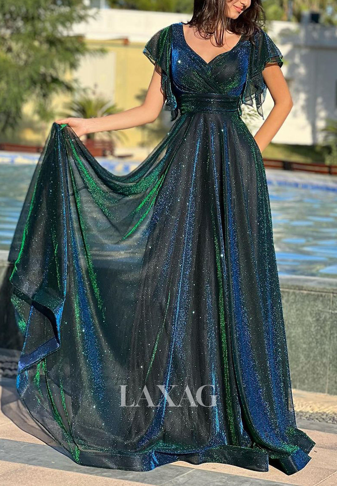 A-Line V-Neck Cap-Sleeves Formal Dress Glitter-Knit Pleated Tulle Prom Dress