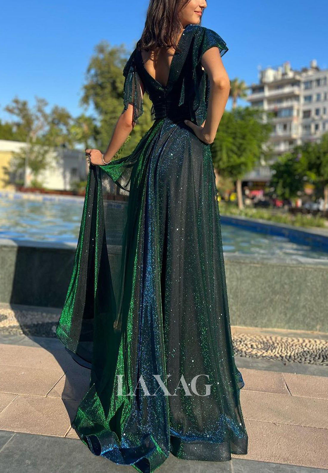 A-Line V-Neck Cap-Sleeves Formal Dress Glitter-Knit Pleated Tulle Prom Dress