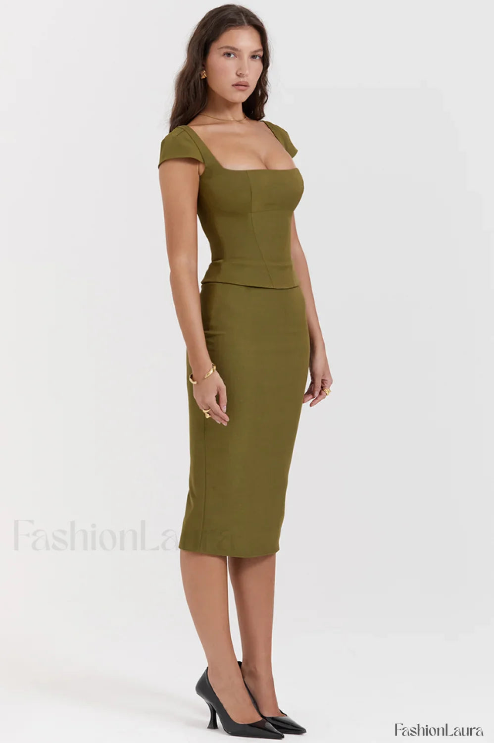 Layana Olive Stylish Corset Midi Dress