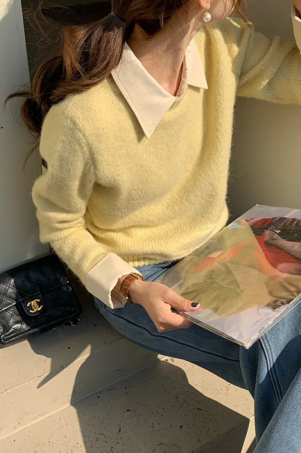 Layered Look Collared Knit Sweater Beige / One Size