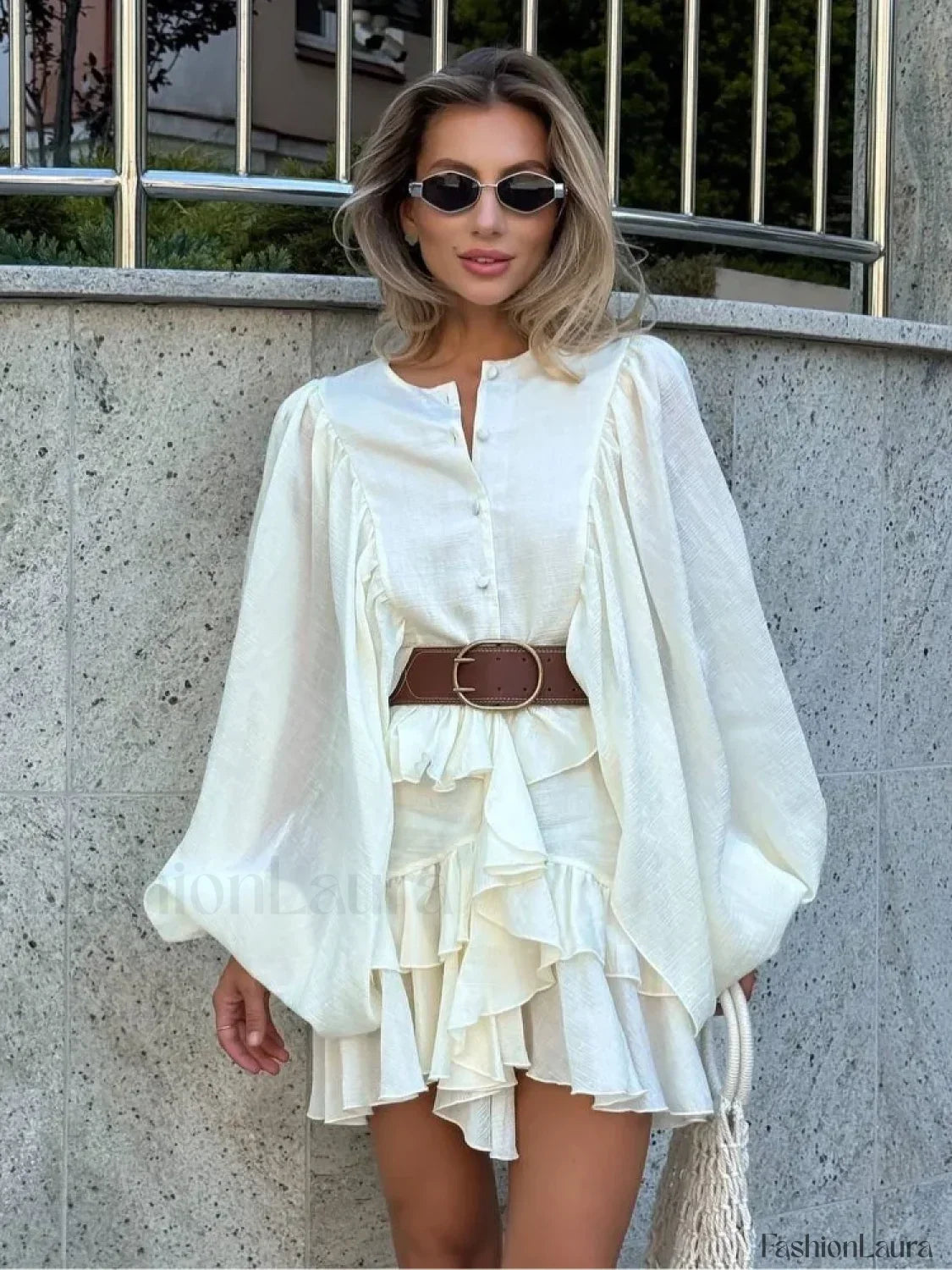 Long Sleeve Button Front Tiered Ruffle Mini Dress 14