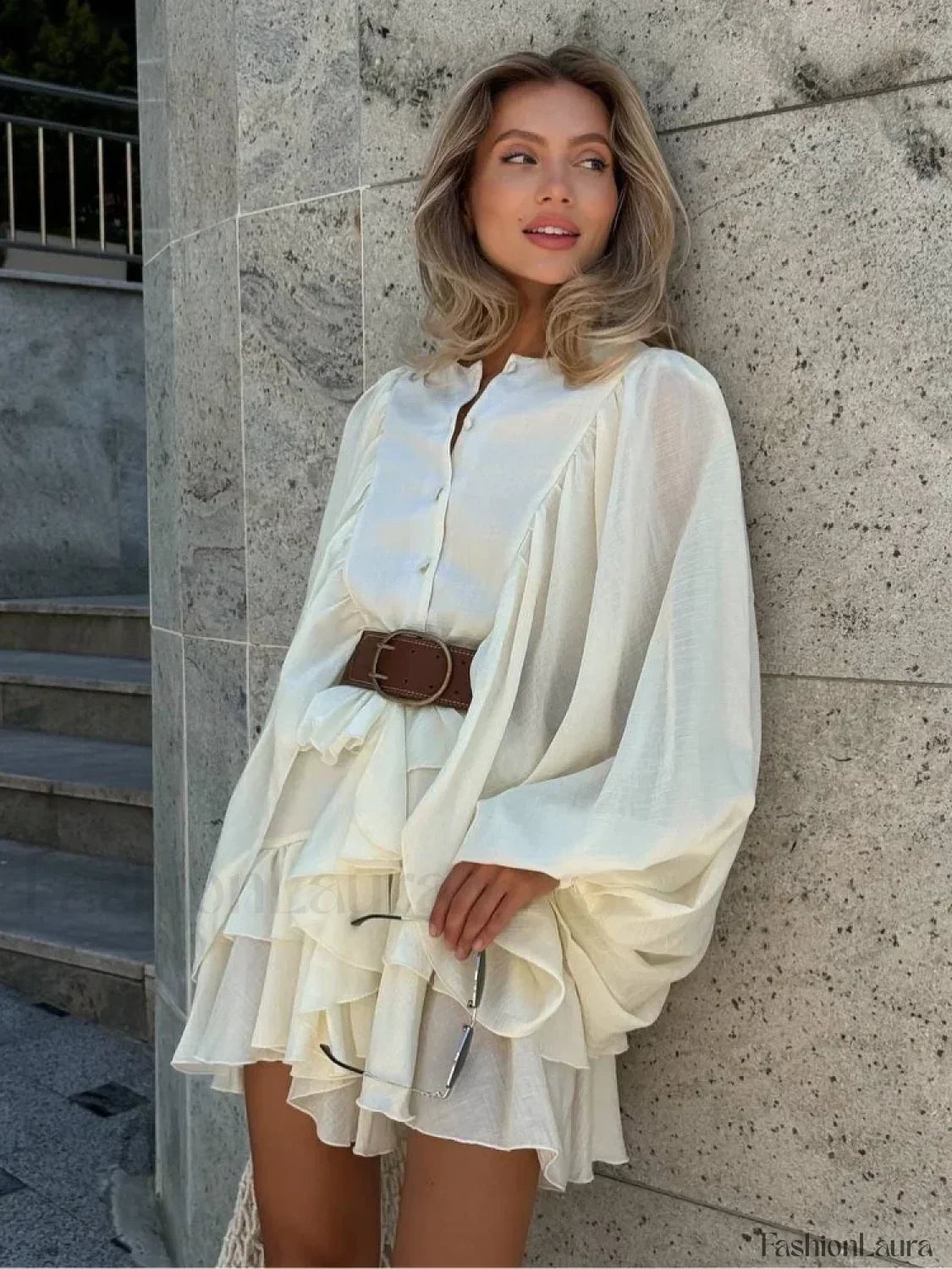 Long Sleeve Button Front Tiered Ruffle Mini Dress 13