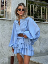 Long Sleeve Button Front Tiered Ruffle Mini Dress 4