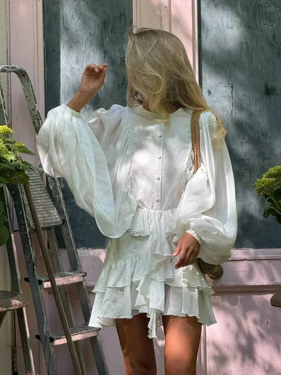 Long Sleeve Button Front Tiered Ruffle Mini Dress 3