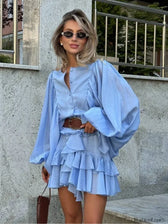 Long Sleeve Button Front Tiered Ruffle Mini Dress 11