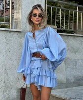 Long Sleeve Button Front Tiered Ruffle Mini Dress 9